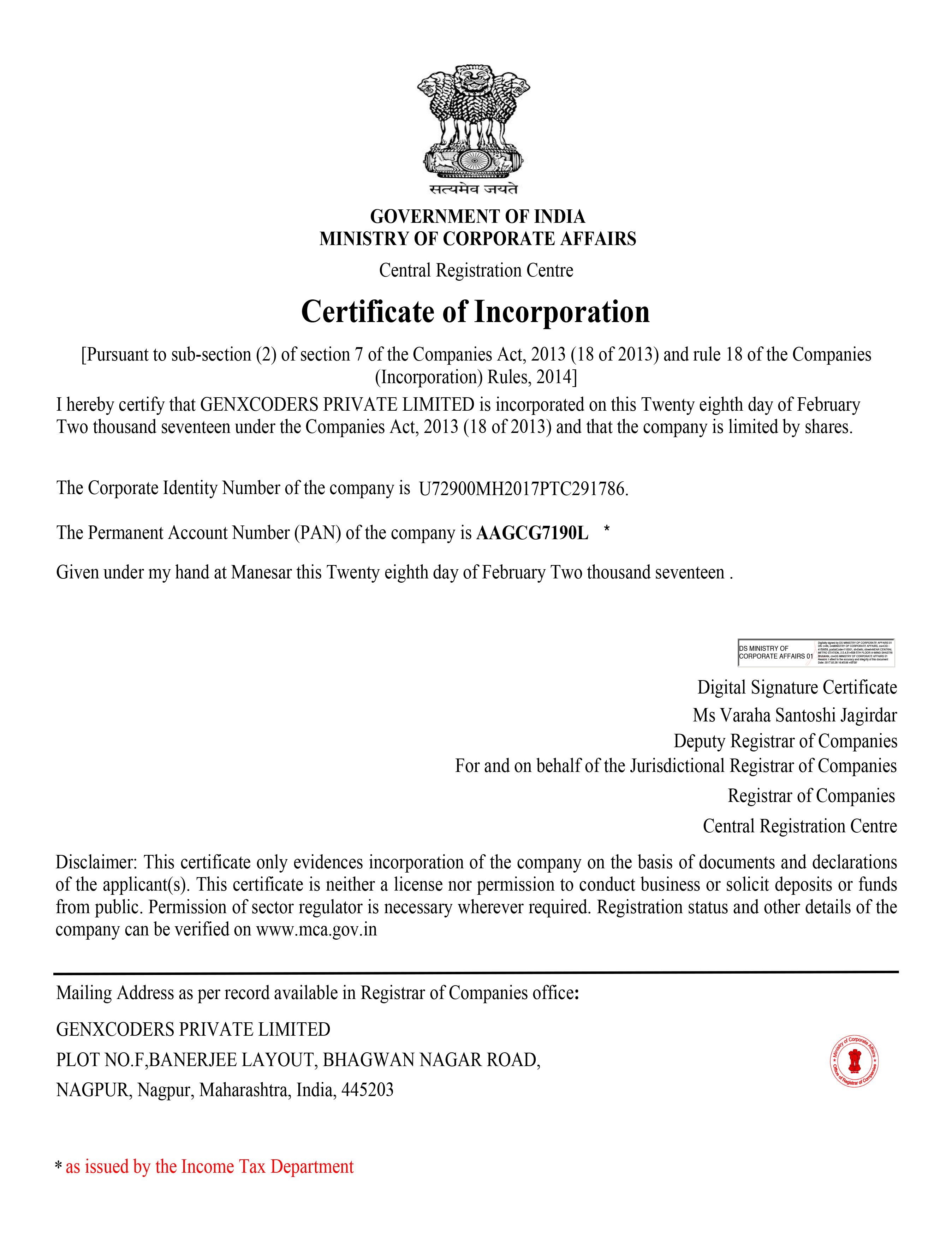 Innovative IT Solutions and Services by GenXCoders Pvt. Ltd. - Certificate of Incorporation